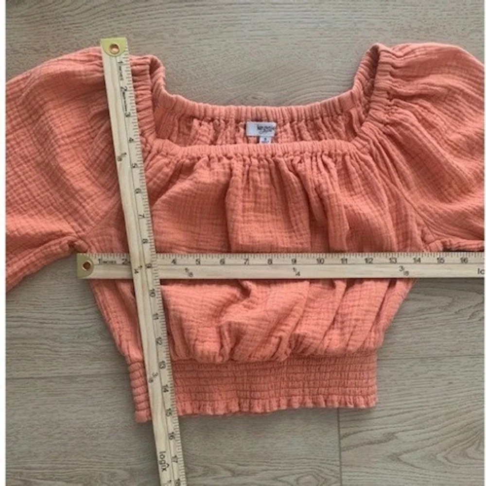 Kensie Jeans Coral Orange Cotton Gauze Smocked Cropped Peasant Top Small‎